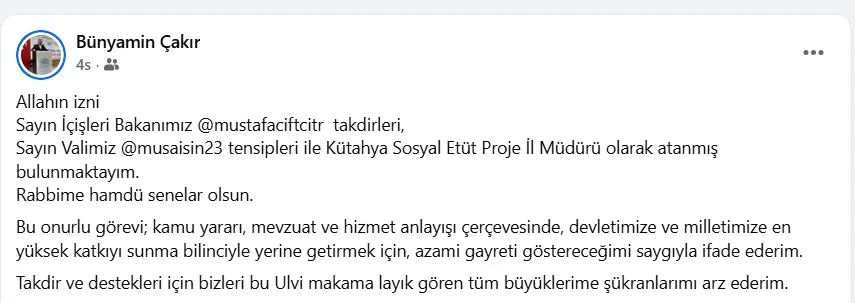 Bünyamin Çakır il müdürü oldu