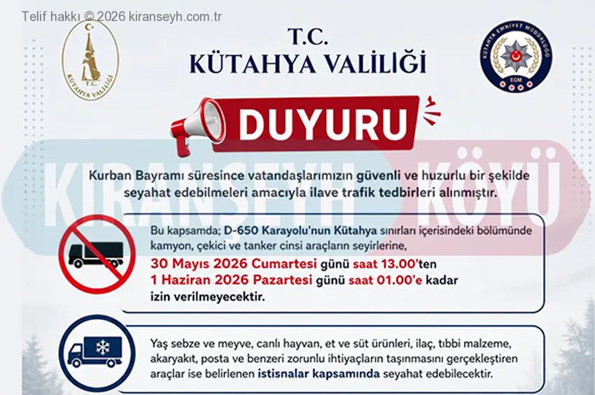 Kütahya Valiliğinden Kurban Bayramı Trafik Tedbirleri duyurusu