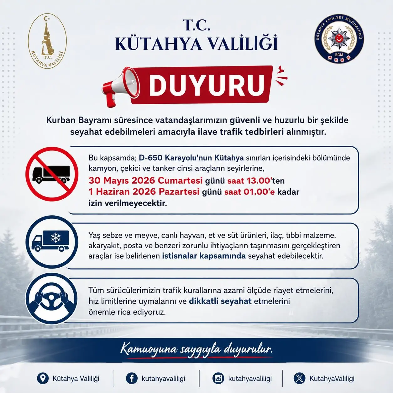 Kütahya Valiliğinden Duyuru